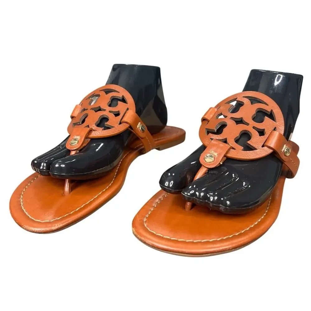 Tory Burch Miller Flat Brown Leather Thong Sandals Size 9.5